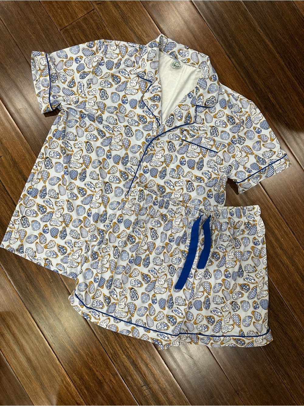 Classic Southern Smocks Oyster Print Pajama Set Women’s XL Blue White Coastal